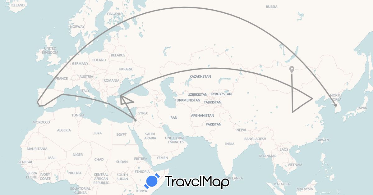 TravelMap itinerary: driving, plane in China, Spain, Greece, Jordan, South Korea, Mongolia, Portugal, Turkey (Asia, Europe)